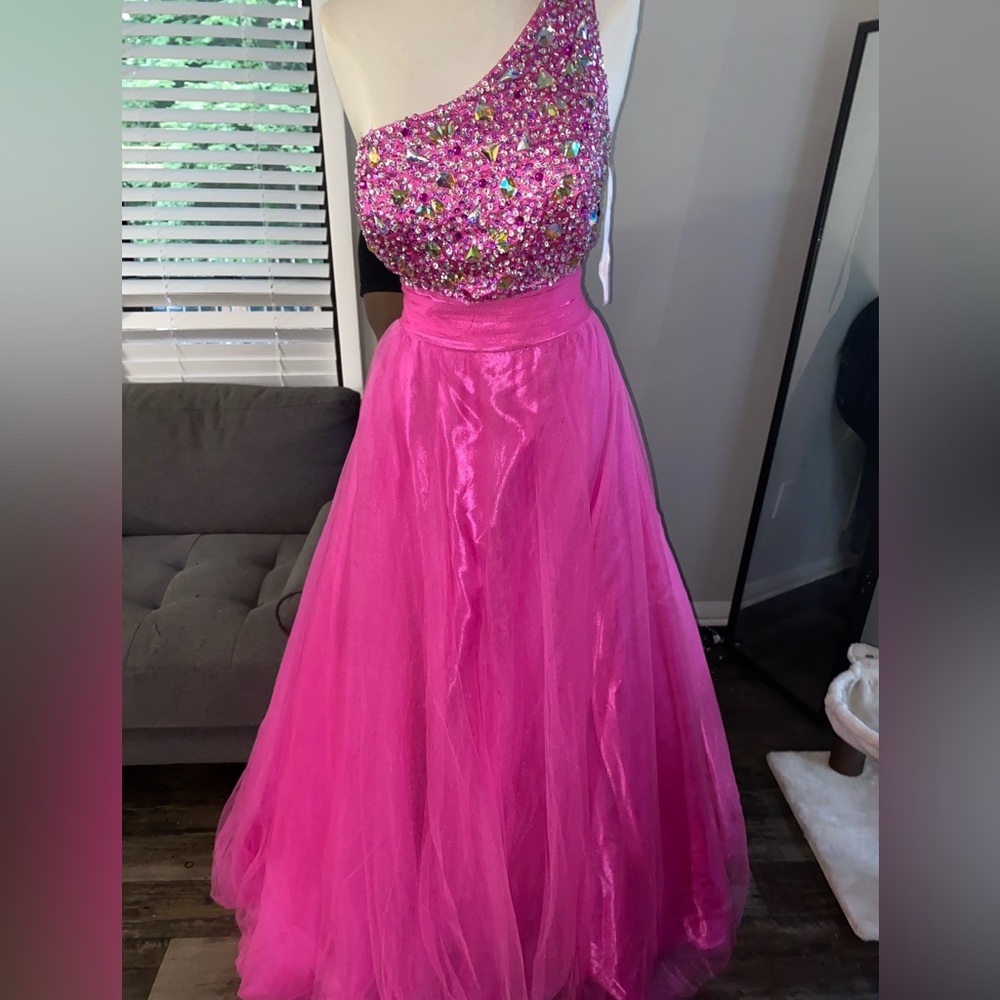 Tiffany Designs Size One Shoulder Sequined Hot Pink Ball Gown - Picture 3 of 6